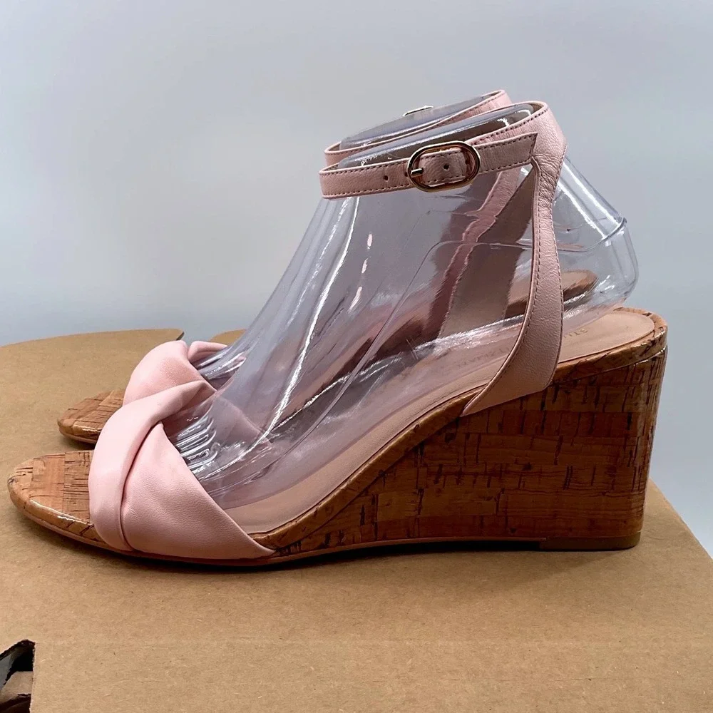 Stuart Weitzman Blush Pink Leather Cork Wedge Sandals Ankle Strap Womens 9.5 B - Picture 8 of 13
